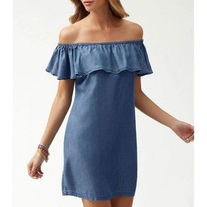 Tommy Bahama M Dress Womens Off the Shoulder Tencel Chambray Blue Pockets Medium